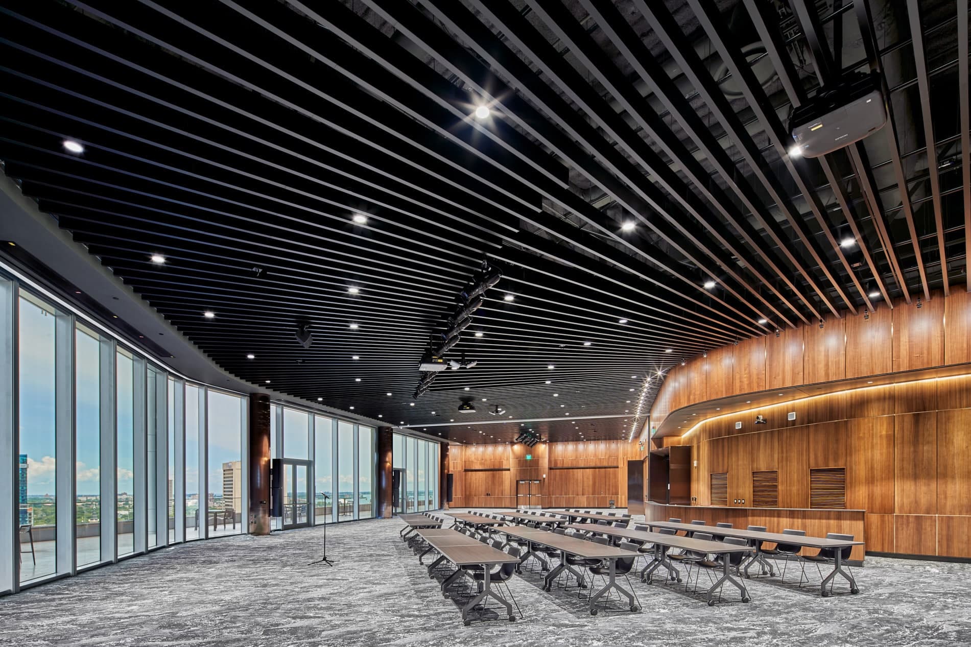 Classroom style setup set inside the event room at Elevate located in One Campus Martius building.